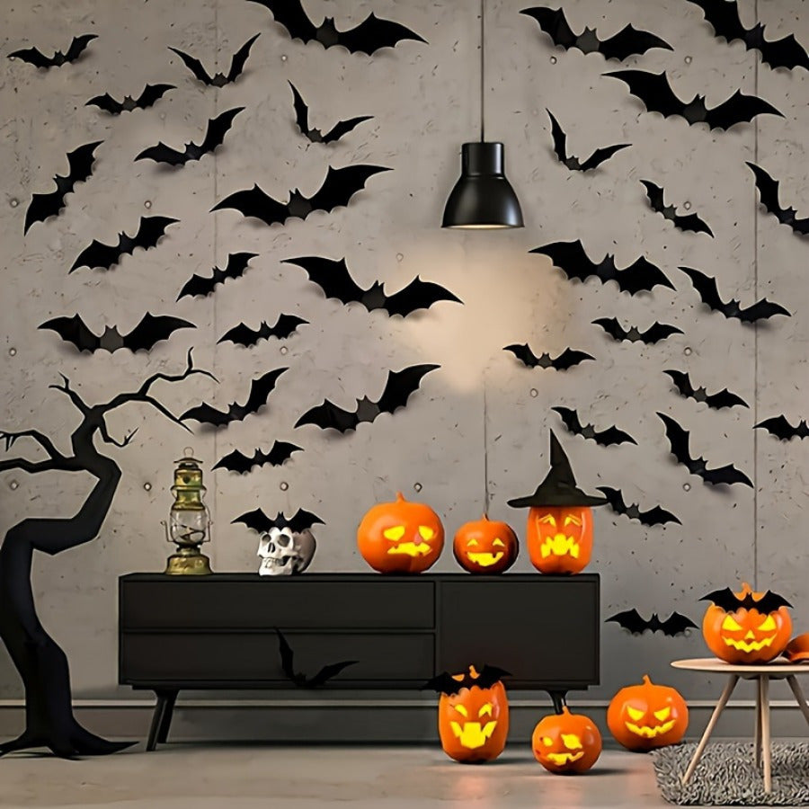 48pc 3D Black PVC Bat Halloween Decorations  Wall Stickers  Haunted Party Decor